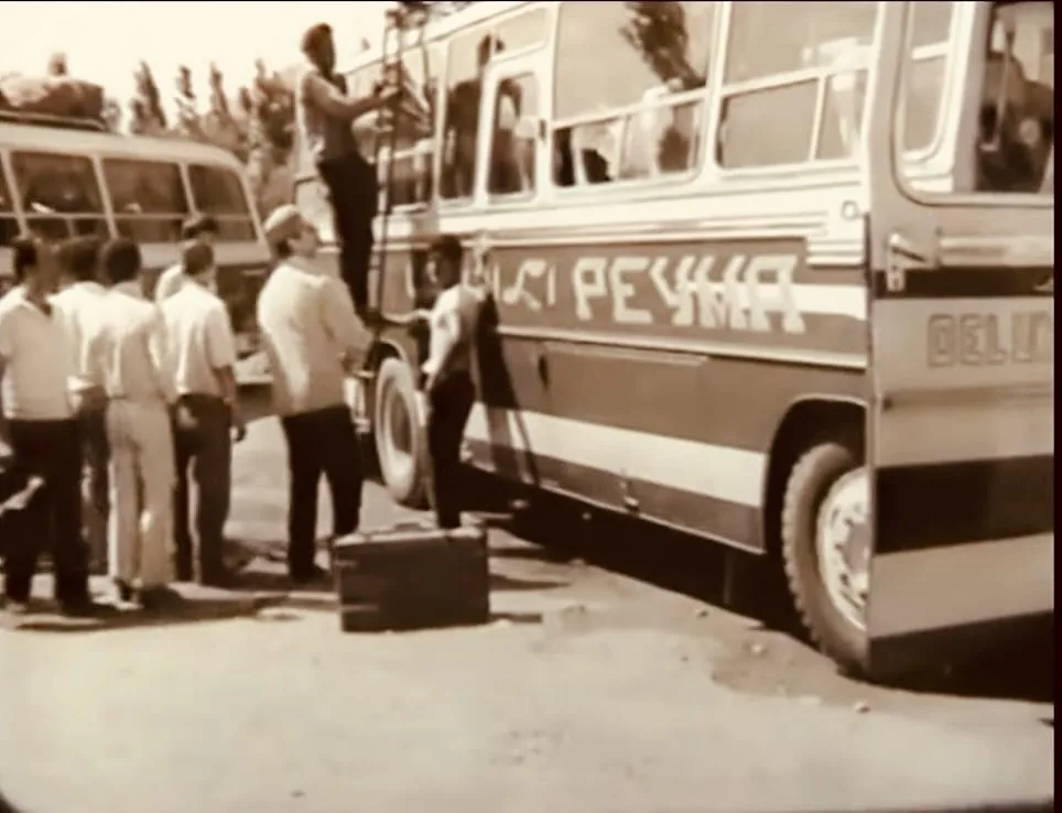 Iranpeyma coach and passengers — frame from a pre-revolution film